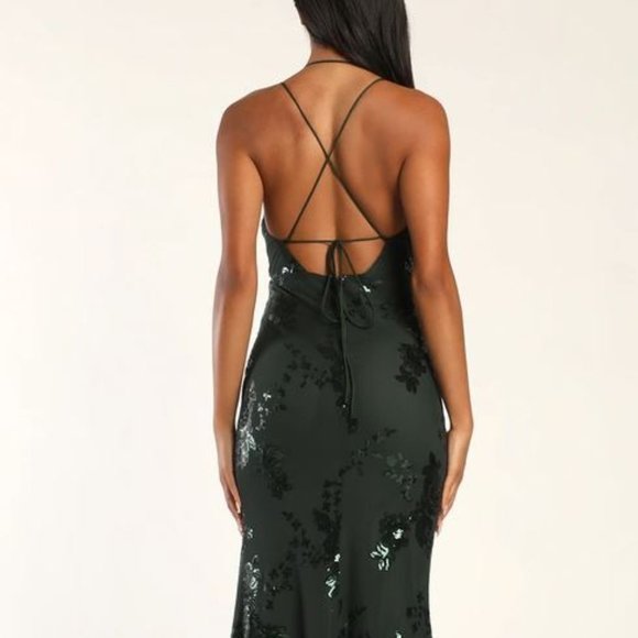 Alluring Attraction Hunter Green Sequin Lace-Up Maxi Dress - Picture 2 of 4